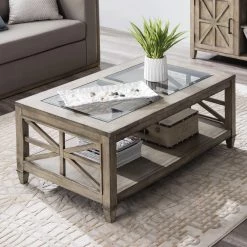 45.5 in. Antique Gray Rectangular Wood Coffee Cocktail Table with Tempered Glass Top by Magic Home