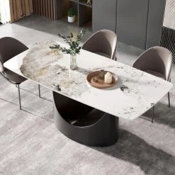 70.87 in. Round Edge Pandora Pattern Top Rectangle Sintered Stone Dining Table with Black Carbon Pedestal Legs by Magic Home -Cheap Tidoin Store arc edge pandora and black magic home kitchen dining tables pv ts 03jyjwb 31 1000