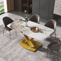 63 in. Round Edge Sintered Stone Dining Table with Pandora Rectangular Tabletop and Gold Legs by Magic Home -Cheap Tidoin Store arc edge pandora and gold magic home kitchen dining tables cs sm000093aak 31 1000