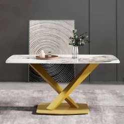 63 in. Round Edge Sintered Stone Dining Table with Pandora Rectangular Tabletop and Gold Legs by Magic Home