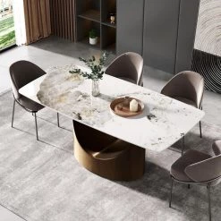 70.87 in. Round Edge Pandora Pattern Top Rectangle Sintered Stone Dining Table with Gold Carbon Pedestal Legs by Magic Home -Cheap Tidoin Store arc edge pandora and gold magic home kitchen dining tables pv dt030aw03 31 1000