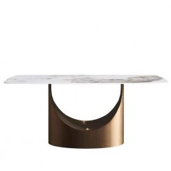70.87 in. Round Edge Pandora Pattern Top Rectangle Sintered Stone Dining Table with Gold Carbon Pedestal Legs by Magic Home