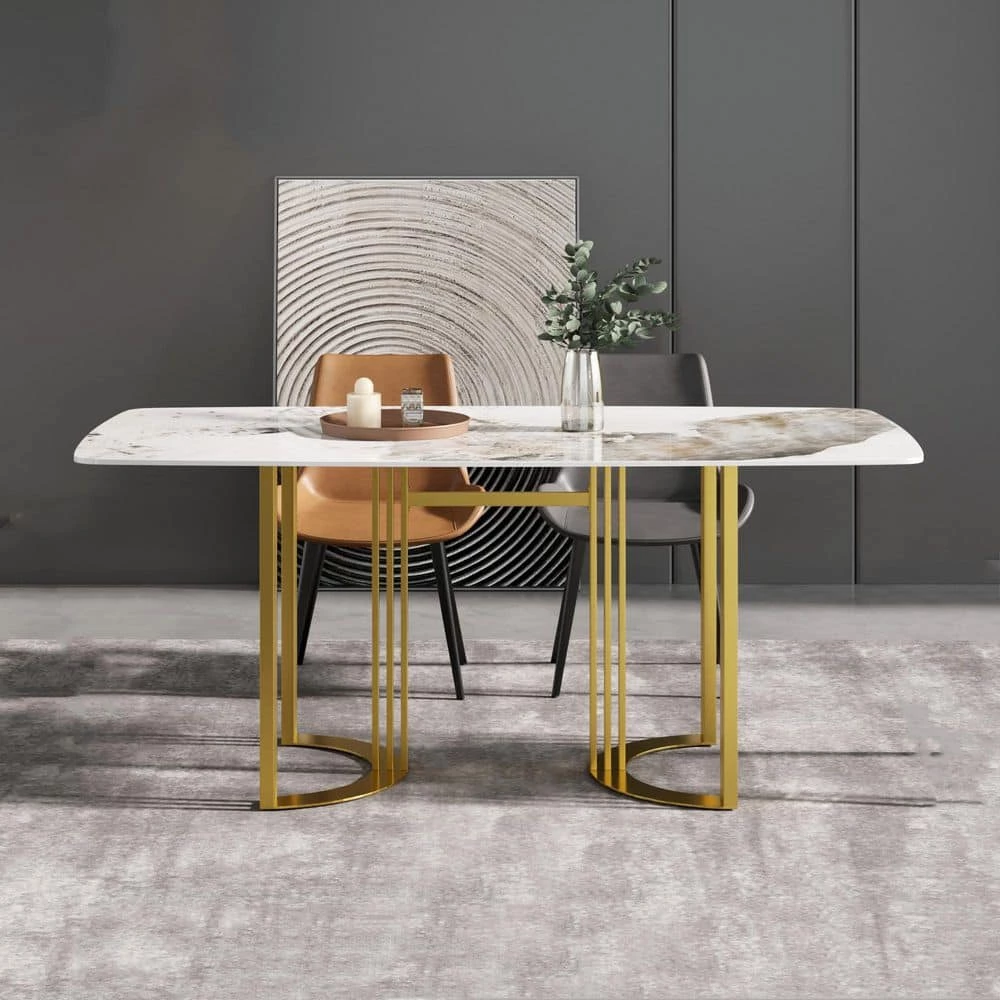 70.87 in. Round Edge Pandora Sintered Stone Dining Table with Golden Metal Base by Magic Home 6 70.87 in. Round Edge Pandora Sintered Stone Dining Table with Golden Metal Base by Magic Home - Image 4