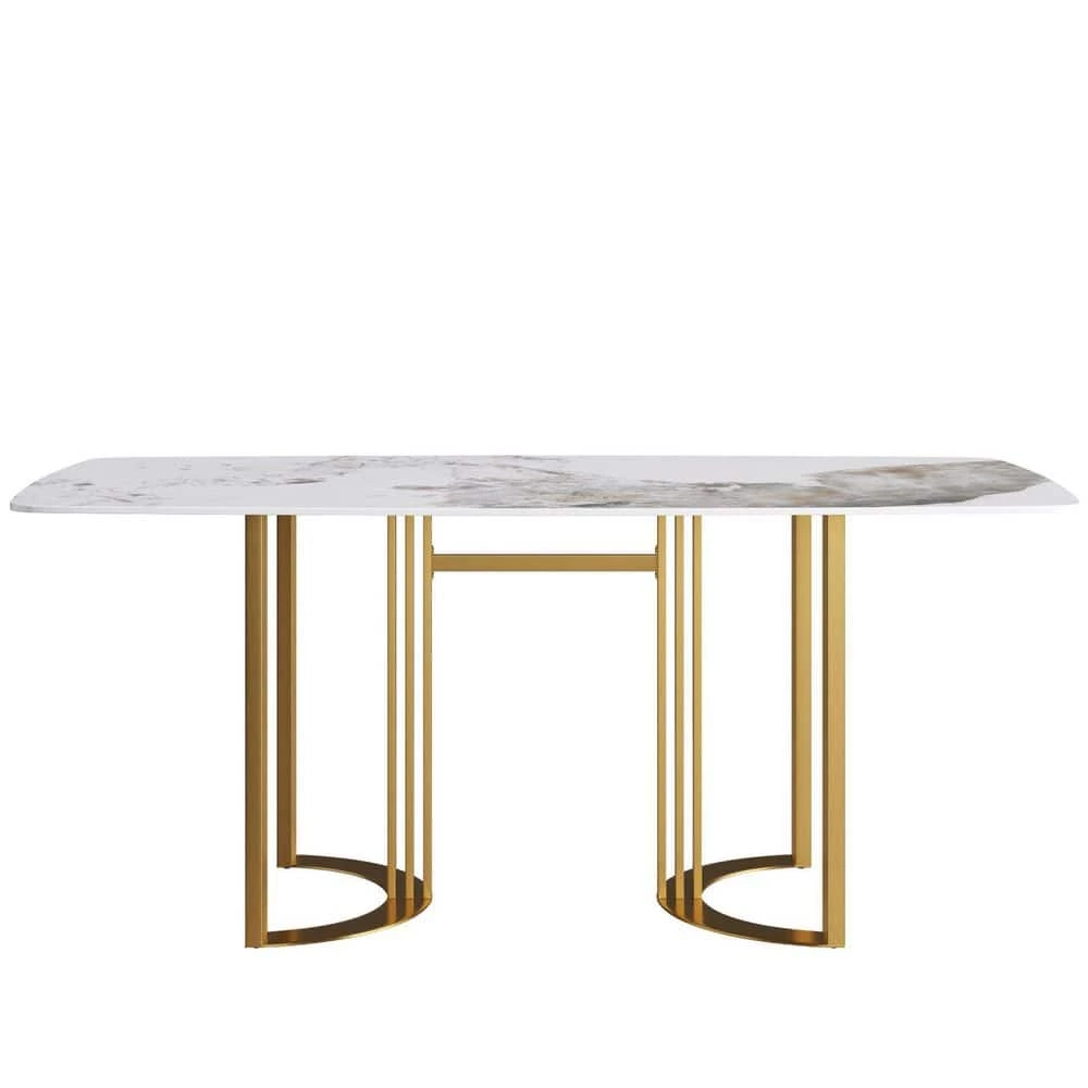 70.87 in. Round Edge Pandora Sintered Stone Dining Table with Golden Metal Base by Magic Home 4 70.87 in. Round Edge Pandora Sintered Stone Dining Table with Golden Metal Base by Magic Home - Image 2