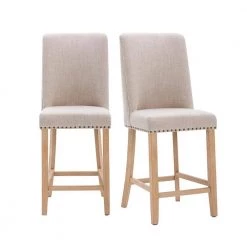 44.49 in. H Beige Upholstered Wood High Back Pub Chairs Bar Stools with Rubber Wood Legs (Set of 2) by Magic Home