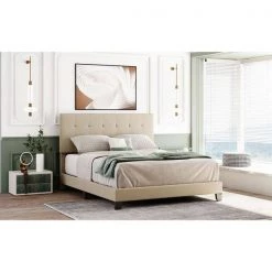 Queen Size Linen Upholstered Box Spring Needed Platform Bed with Tufted Headboard,Beige by Magic Home 13 Queen Size Linen Upholstered Box Spring Needed Platform Bed with Tufted Headboard,Beige by Magic Home -Cheap Tidoin Store beige magic home panel beds cs mf193077aab 31 1000