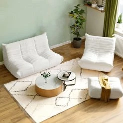 3-Piece Beige Teddy Velvet Lazy Sofa Living Room Set with 1 Seater,2 Seater and Ottoman by Magic Home