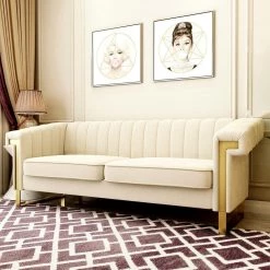 83.86 in. Transitional Velvet Sofa with Removable Cushion in Beige by Magic Home