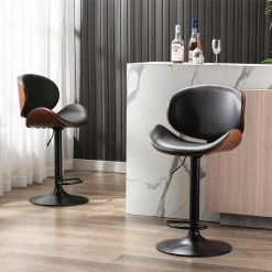 46.06 in. Height Black and Brown Bentwood Adjustable Swivel Bar Stools with PU Leather Upholstered (Set of 2) by Magic Home -Cheap Tidoin Store black and brown magic home bar stools cs w21222002 31 1000