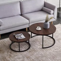 31.5 in. Black Metal Frame with Walnut Top Round Modern Nesting Coffee Table by Magic Home