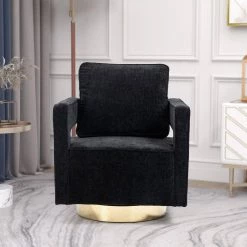 30.7 in. Chenille Fabric Swivel Accent Leisure Arm Chair With Gold Stainless Steel Base, Black by Magic Home -Cheap Tidoin Store black magic home accent chairs ows dw100 31 1000