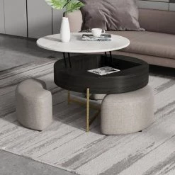 31.5 in. Creative Black Round Wood Liftable Coffee Table with 3-Combined Stools Fit Small Places by Magic Home