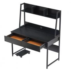 47.24 in. W Rectangular Black MDF Desktop Solid Steel Frame 2-Drawers Computer Desk with Hutch and Bookshelf by Magic Home