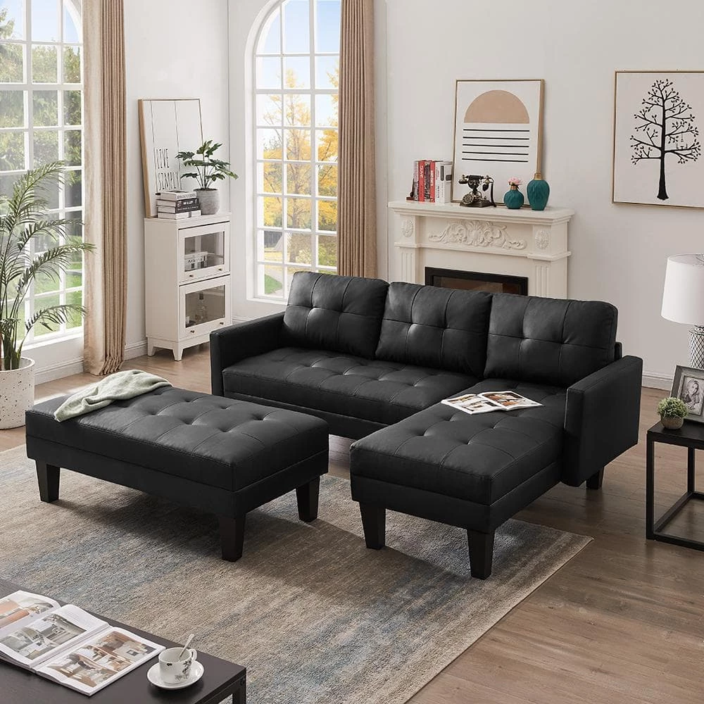 80 in.W Black Faux Leather L-Shape Sectional Sofa Queen Size Bed Sofa Chaise Lounge with Ottoman Bench by Magic Home 3 80 in.W Black Faux Leather L-Shape Sectional Sofa Queen Size Bed Sofa Chaise Lounge with Ottoman Bench by Magic Home