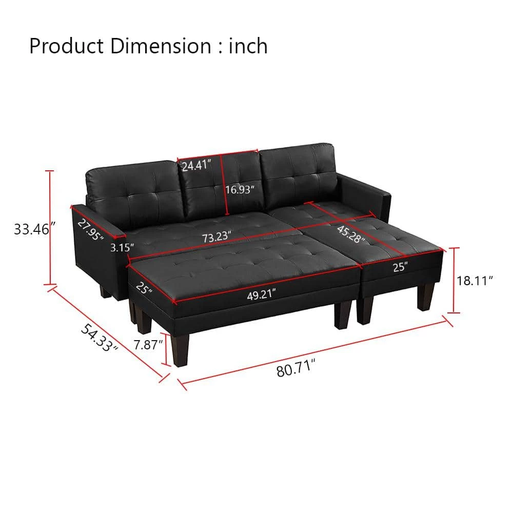 80 in.W Black Faux Leather L-Shape Sectional Sofa Queen Size Bed Sofa Chaise Lounge with Ottoman Bench by Magic Home 5 80 in.W Black Faux Leather L-Shape Sectional Sofa Queen Size Bed Sofa Chaise Lounge with Ottoman Bench by Magic Home - Image 3