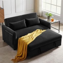 59.5 in. Modern Velvet Convertible Pull Out Sofa Bed with Arm Pockets, Black by Magic Home