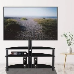 43.3 in. Entertainment Center Black Tempered Glass Metal Mobile TV Stand Floor TV Mount Bracket Fits TV's up to 65 in. by Magic Home -Cheap Tidoin Store black magic home tv stands cs w24105875 31 1000