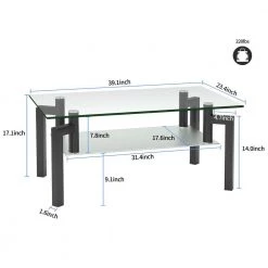 39 in. W x 23 in. D x 17 in. H Black Middle Rectangle Double-Deck Glass Coffee Table Modern Side Center Table by Tidoin -Cheap Tidoin Store black tidoin coffee tables jws ydw2 2100 c3 1000