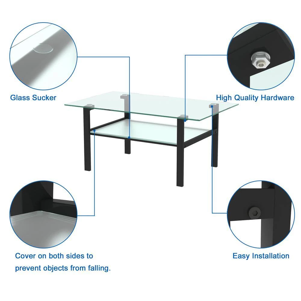 39 in. W x 23 in. D x 17 in. H Black Middle Rectangle Double-Deck Glass Coffee Table Modern Side Center Table by Tidoin 6 39 in. W x 23 in. D x 17 in. H Black Middle Rectangle Double-Deck Glass Coffee Table Modern Side Center Table by Tidoin - Image 4