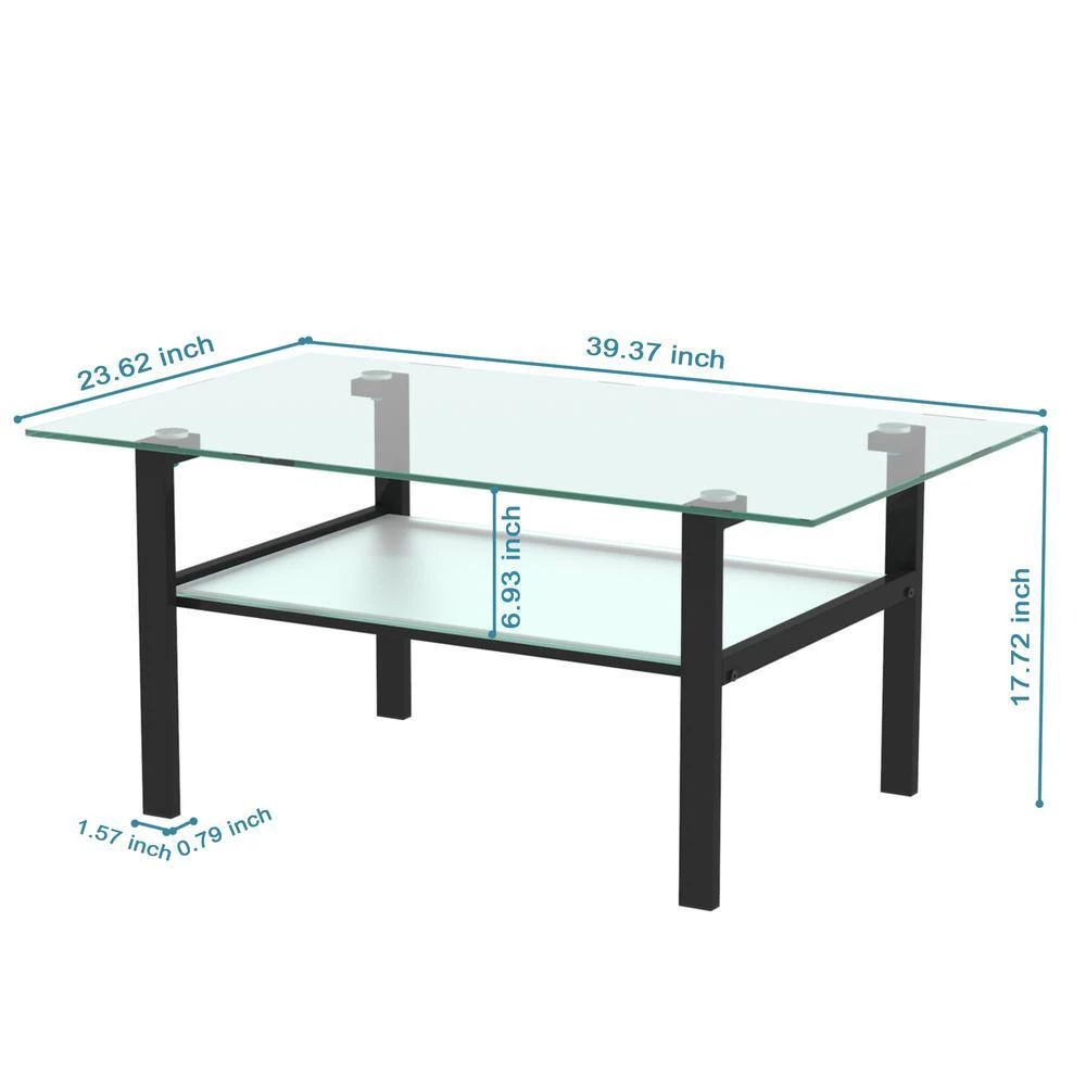 39 in. W x 23 in. D x 17 in. H Black Middle Rectangle Double-Deck Glass Coffee Table Modern Side Center Table by Tidoin 5 39 in. W x 23 in. D x 17 in. H Black Middle Rectangle Double-Deck Glass Coffee Table Modern Side Center Table by Tidoin - Image 3