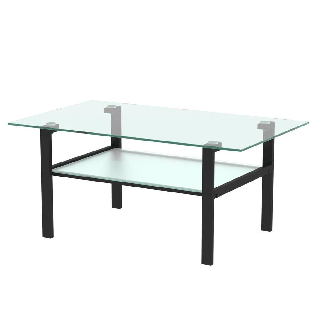 39 in. W x 23 in. D x 17 in. H Black Middle Rectangle Double-Deck Glass Coffee Table Modern Side Center Table by Tidoin 4 39 in. W x 23 in. D x 17 in. H Black Middle Rectangle Double-Deck Glass Coffee Table Modern Side Center Table by Tidoin - Image 2