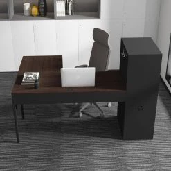 52.7 in. L-Shaped Black Wood Computer Desk Office Table with 2-Hook 1-Shelf and 1-Door Metal Locker by Tidoin -Cheap Tidoin Store black tidoin computer desks ktech ydw6 001 31 1000