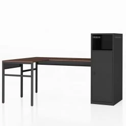52.7 in. L-Shaped Black Wood Computer Desk Office Table with 2-Hook 1-Shelf and 1-Door Metal Locker by Tidoin