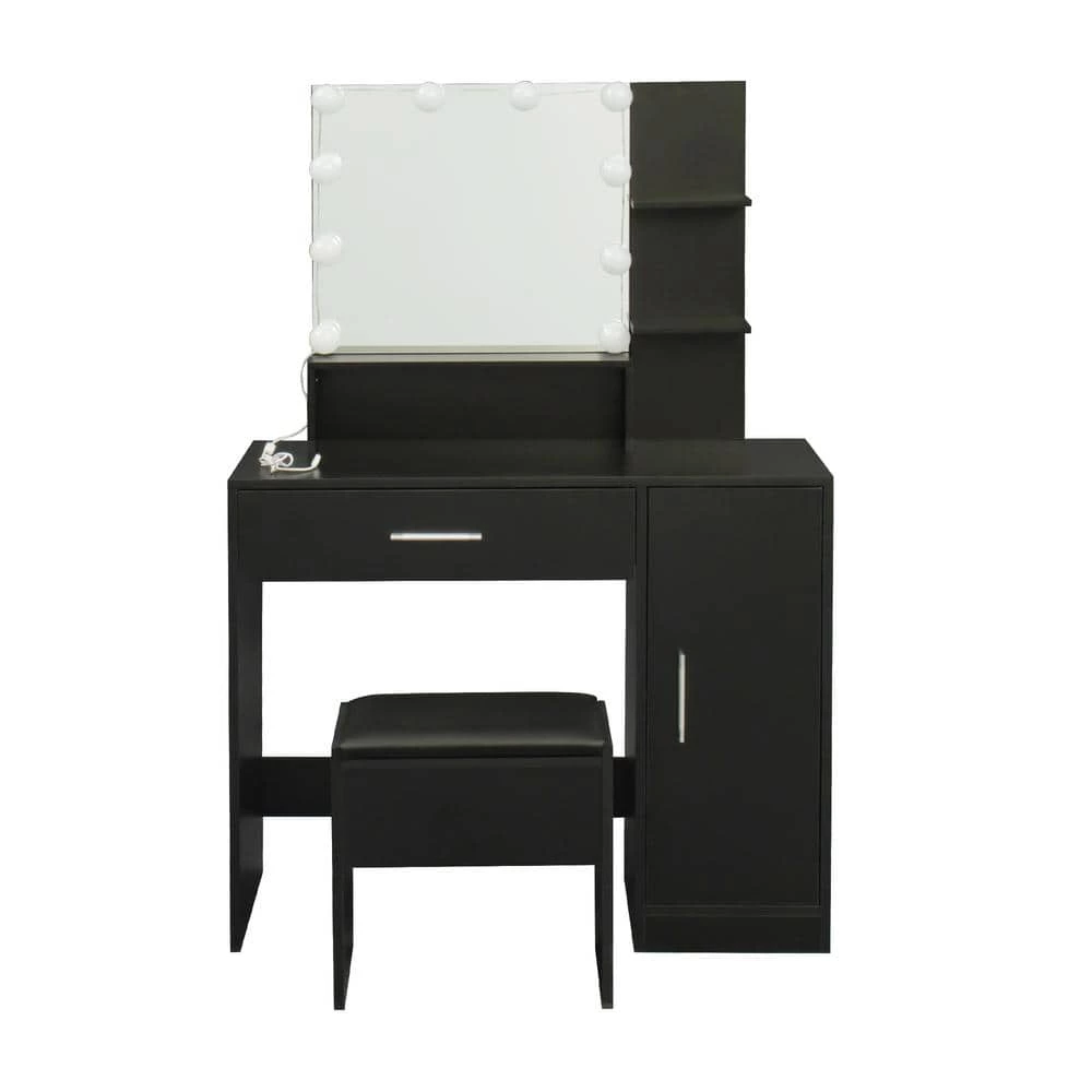1-Drawer Black Dresser with 1-Door, Mirror and Bench 52.76 in. x 35.43 in. x 15.75 in. by Tidoin 2 1-Drawer Black Dresser with 1-Door, Mirror and Bench 52.76 in. x 35.43 in. x 15.75 in. by Tidoin