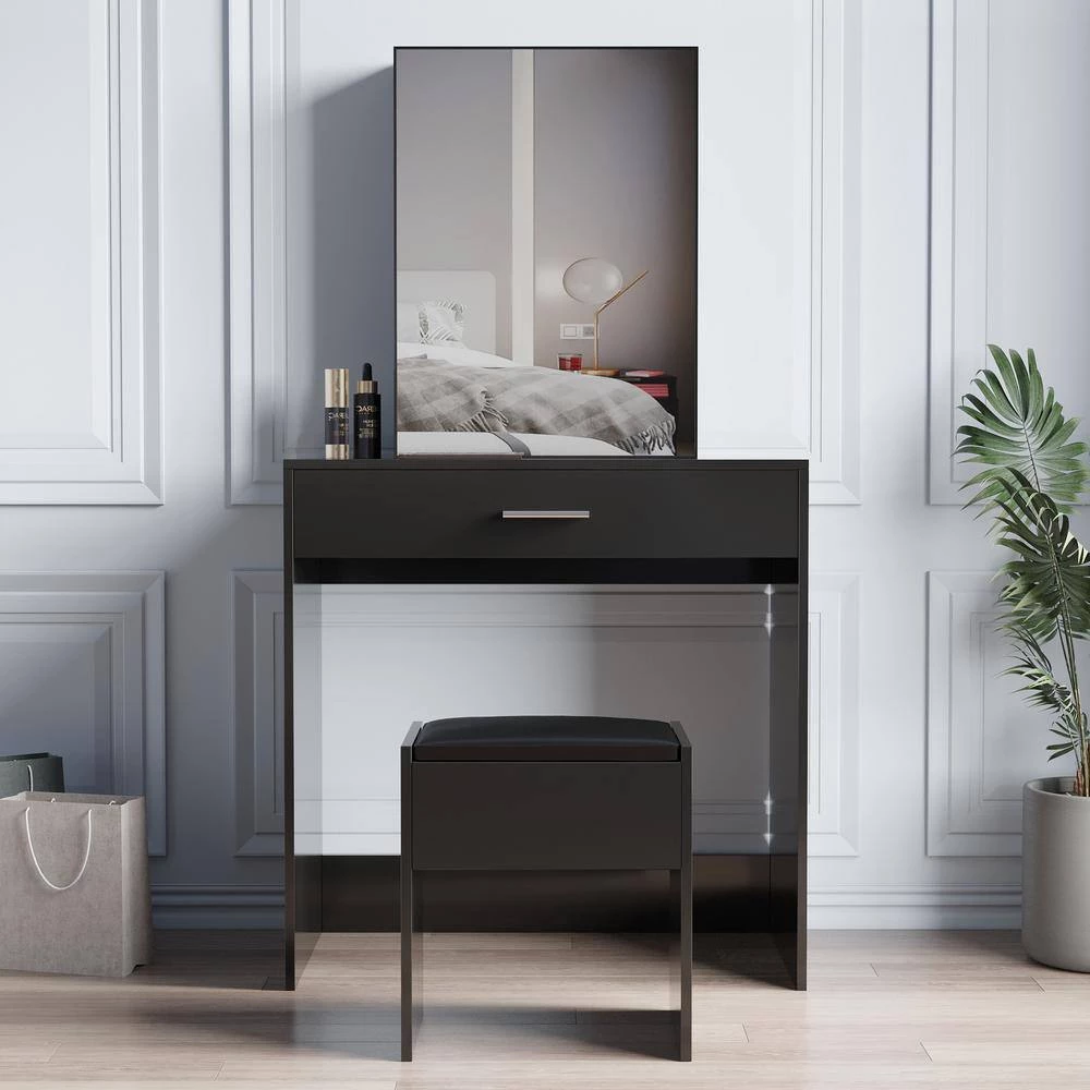1-Drawer Black Dresser with Mobile Mirror Bench and 2-Conceal Shelves 52.76 in. x 42.52 in. x 15.75 in. by Tidoin 11 1-Drawer Black Dresser with Mobile Mirror Bench and 2-Conceal Shelves 52.76 in. x 42.52 in. x 15.75 in. by Tidoin - Image 9