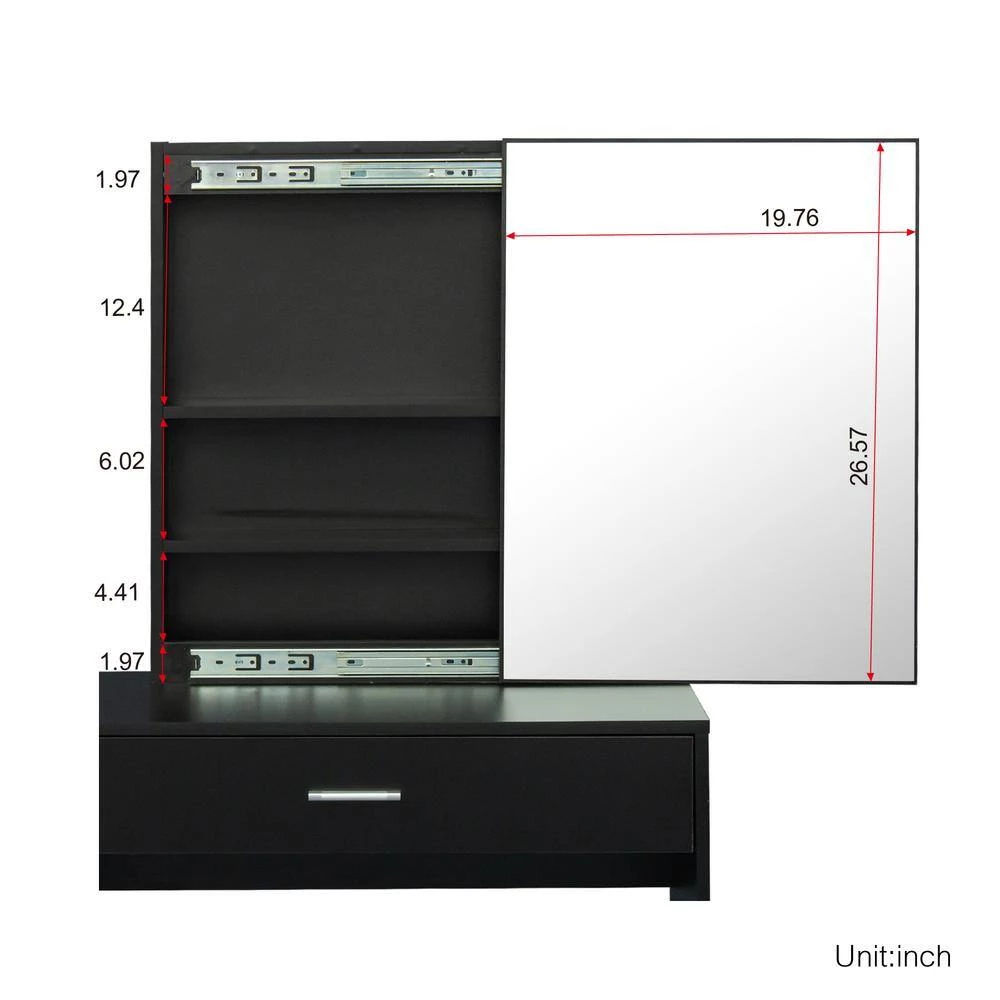 1-Drawer Black Dresser with Mobile Mirror Bench and 2-Conceal Shelves 52.76 in. x 42.52 in. x 15.75 in. by Tidoin 6 1-Drawer Black Dresser with Mobile Mirror Bench and 2-Conceal Shelves 52.76 in. x 42.52 in. x 15.75 in. by Tidoin - Image 4
