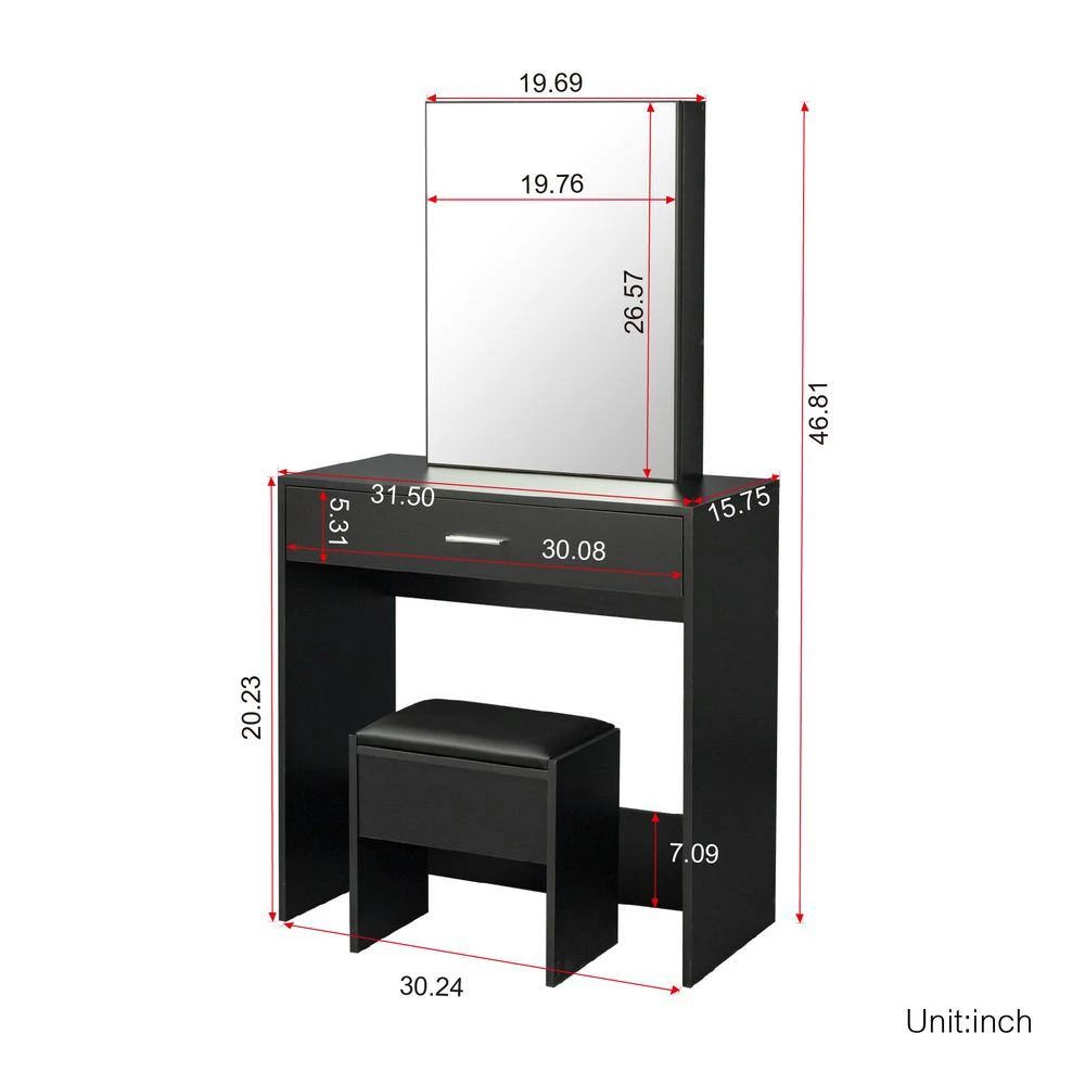 1-Drawer Black Dresser with Mobile Mirror Bench and 2-Conceal Shelves 52.76 in. x 42.52 in. x 15.75 in. by Tidoin 5 1-Drawer Black Dresser with Mobile Mirror Bench and 2-Conceal Shelves 52.76 in. x 42.52 in. x 15.75 in. by Tidoin - Image 3