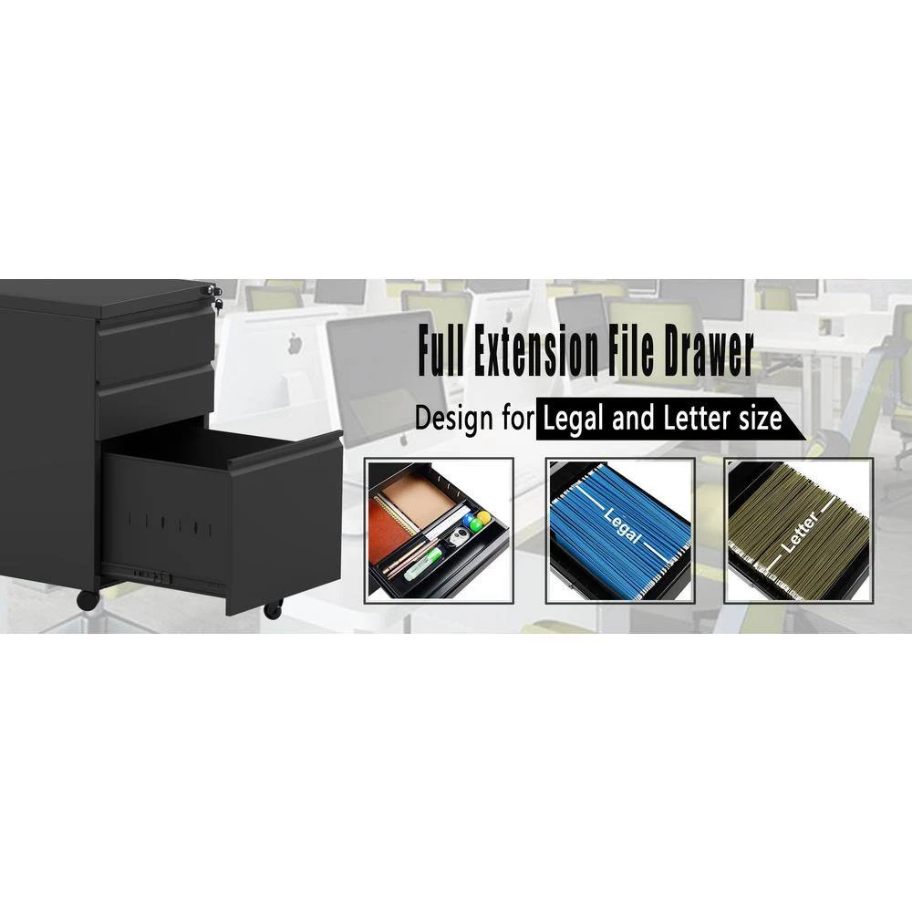 Modern Black Steel File Cabinet Storage Cabinet with 3-Drawers and 5-Wheels by Tidoin 10 Modern Black Steel File Cabinet Storage Cabinet with 3-Drawers and 5-Wheels by Tidoin - Image 8