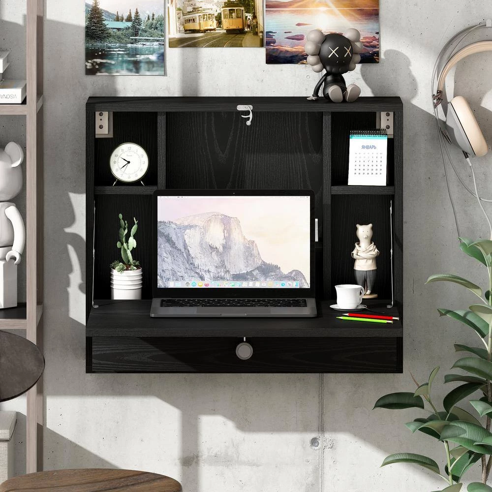 23.5 in. Black Rectangular Wood Floating Desk with 5 Shelves and 1 Drawer by Tidoin 11 23.5 in. Black Rectangular Wood Floating Desk with 5 Shelves and 1 Drawer by Tidoin - Image 9