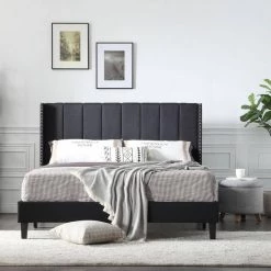 83.5 in. W Black Wood Frame Platform Bed with Fabric Headboard by Tidoin -Cheap Tidoin Store black tidoin platform beds jus ydw8 4526 31 1000