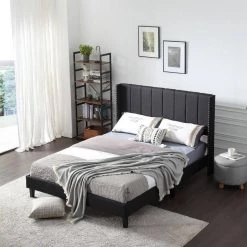 83.5 in. W Black Wood Frame Platform Bed with Fabric Headboard by Tidoin -Cheap Tidoin Store black tidoin platform beds jus ydw8 4526 76 1000