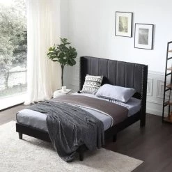 78 in. W Black Wood Frame Platform Bed with Fabric Headboard by Tidoin -Cheap Tidoin Store black tidoin platform beds jus ydw8 4528 44 1000