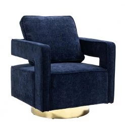 30.7 in. Chenille Fabric Swivel Accent Leisure Arm Chair With Gold Stainless Steel Base, Blue by Magic Home