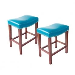 26.18 in. H Blue Backless Ruber Wood Leds Recast Leather Bar Stool (Set of 2) by Magic Home