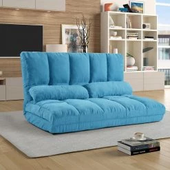 Blue Suede Double Chaise Lounge Sofa with 2-Pillows by Magic Home