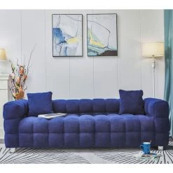 81.89 in. Blue Grain Fleece Fabric Sofa with Metal Leg and Two Pillows by Magic Home