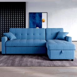 81.9 in. Blue Cotton Reversible Sectional Sofa with Sleeper Queen Size Sofa Bed by Magic Home -Cheap Tidoin Store blue magic home loveseats mh sf p802s db 31 1000