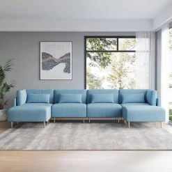 143 in. Blue Flare Arm Linen U Shape Sectional Sofa by Magic Home -Cheap Tidoin Store blue magic home sectional sofas mh sf166b 31 1000