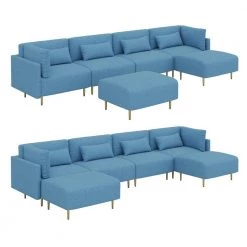 143 in. Blue Flare Arm Linen U Shape Sectional Sofa by Magic Home -Cheap Tidoin Store blue magic home sectional sofas mh sf166b 4f 1000