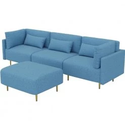 105 in. 4 Pieces Linen Fabric Square Arm L Shape Sectional Sofa with Ottoman,Gray by Magic Home