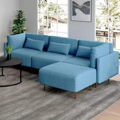 105 in. 4 Pieces Square Arm Linen L Shape Sectional Sofa with Ottoman,Gray by Magic Home