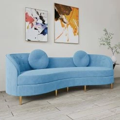 98.43 in. Blue Slope Arm Velvet Upholstered Curved Modern Rectangle 4-Seater Sofa with Gold Legs and Solid Wood Frame by Magic Home -Cheap Tidoin Store blue magic home sofas couches mh sf104lb 31 1000