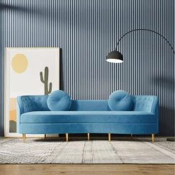 98.43 in. Blue Slope Arm Velvet Upholstered Curved Modern Rectangle 4-Seater Sofa with Gold Legs and Solid Wood Frame by Magic Home -Cheap Tidoin Store blue magic home sofas couches mh sf104lb 4f 1000