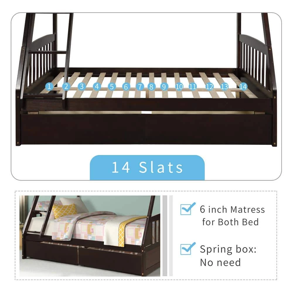 Brown Solid Wood Twin Over Full Bunk Bed Daybed with Two Storage Drawers by Magic Home 7 Brown Solid Wood Twin Over Full Bunk Bed Daybed with Two Storage Drawers by Magic Home - Image 5