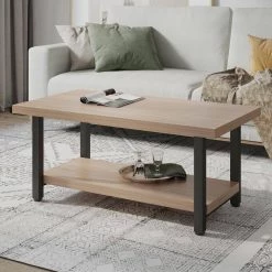 42 in. Industrial Light Brown Wood Rectangle Metal Framed Cocktail Coffee Table with Storage Shelf by Magic Home -Cheap Tidoin Store brown magic home coffee tables mh ho ct004 31 1000