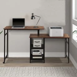 43.3 in. Brown Home Office L Shaped 360° Rotating Standing Computer Writing Desk with 2 Shelves by Magic Home